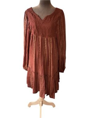 RAGA Metallic Rust-Tone Long Sleeve Tiered Dress